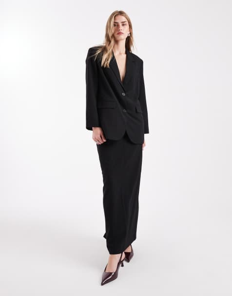 Vero Moda – Mörkgrå, kritstrecksrandig, figursydd maxikjol, del av set - view 1