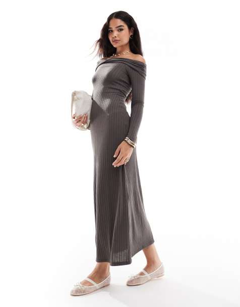 Vero Moda – Mörkgrå maxiklänning i ribbad jersey med off shoulder-design - view 1