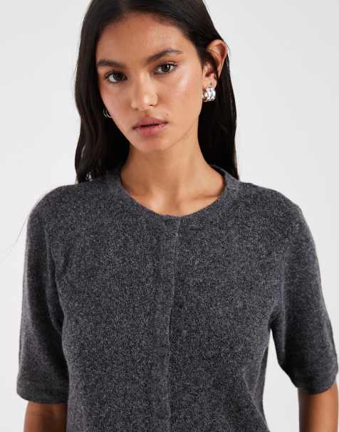 Vero Moda – Mörkgrå, melerad, stickad kofta med korta ärmar - view 1