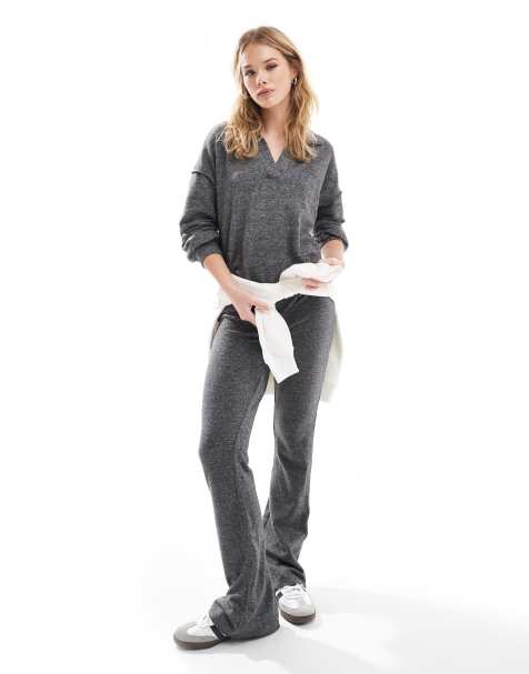 Vero Moda – Mörkgrått, melerat, supermjukt set med pikétröja och utsvängda byxor - view 1