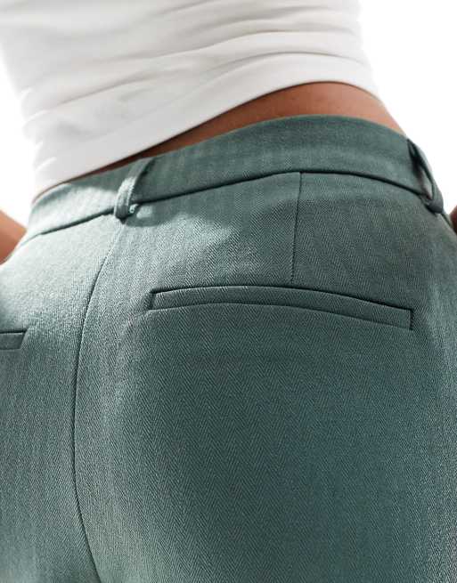 Vero Moda – Mörkt skogsgröna, fiskbensmönstrade, figursydda byxor med vida ben, del av set, 5 av 5