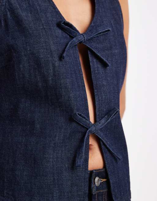 Vero Moda - Mouwloze denim top met gestrikte voorkant in donkere wassing, 4 van 4