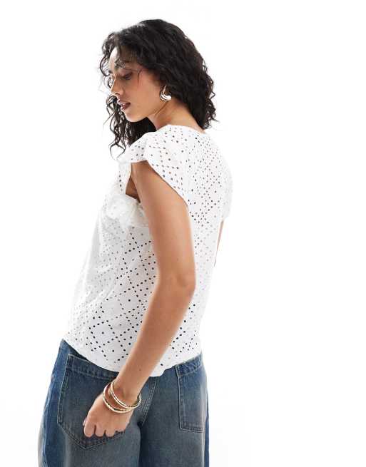 Vero Moda - Mouwloze jersey top met broderie in wit, 4 van 4
