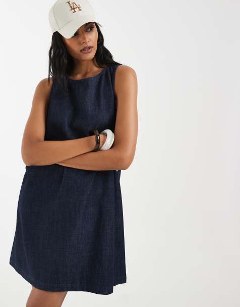 Vero Moda - Mouwloze rechtvallende denim mini jurk in donkerblauwe wassing - view 1