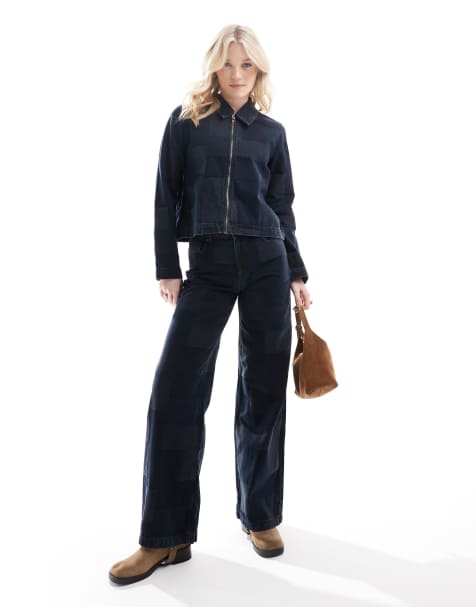 Vero Moda - Mørkeblåt sæt i patchwork-denim bestående af jeans med vide ben og jakke med lynlås - view 1