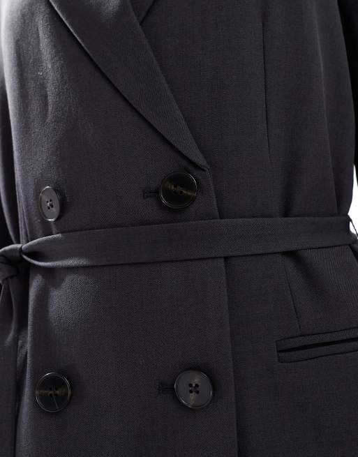 Vero Moda - Mørkegrå dobbeltradet blazer med bindebånd i taljen - Del af sæt, 3 af 4