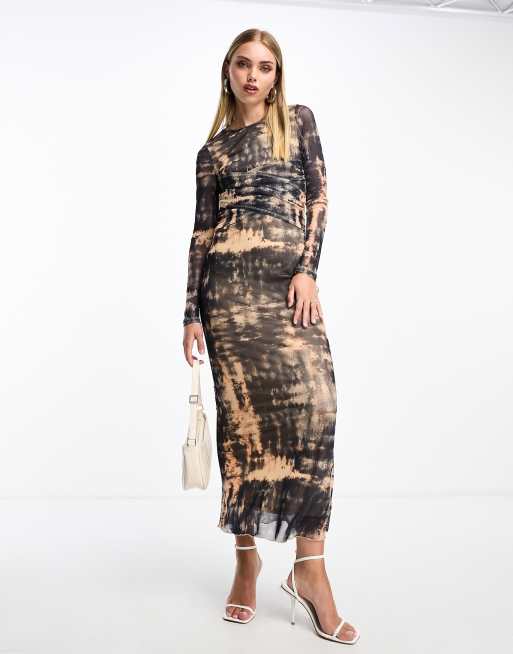 Vero Moda - Multifarvet langærmet bodycon-midikjole i mesh med abstrakt print, 4 af 4