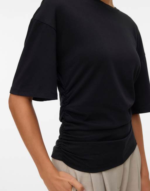 Vero Moda Navaro T-Shirt mit Rundhalsausschnitt, 2/4-Ärmeln und überschnittenen Schultern in Schwarz, 4 von 5
