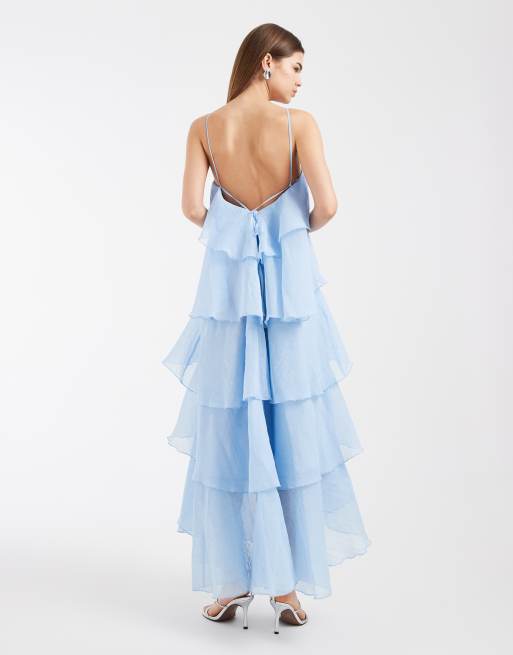 Vero Moda – Neckholder-Maxikleid aus Chiffon in Blau mit Knitterstruktur, Blumendetail und Rüschen, 3 von 4