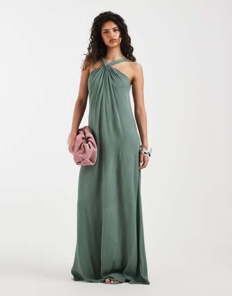 Vero Moda – Neckholder-Maxikleid in Lorbeergrün mit Knotendetail - view 1