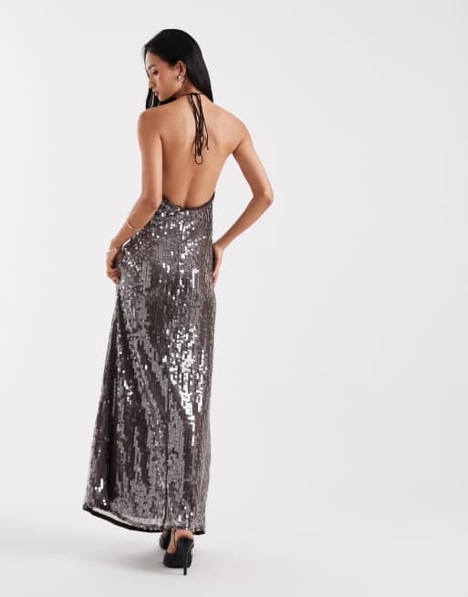 Vero Moda – Neckholder-Maxikleid in Schokobraun mit Scheibenpailletten, 3 von 4