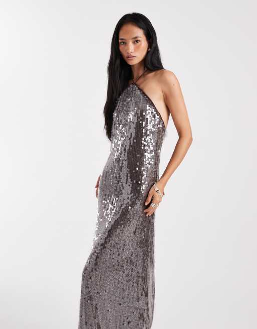 Vero Moda – Neckholder-Maxikleid in Schokobraun mit Scheibenpailletten, 4 von 4