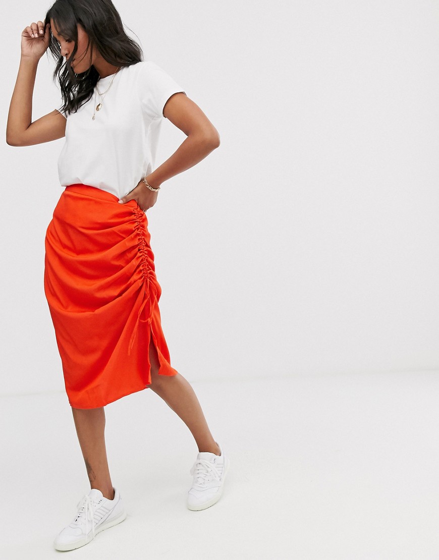 Vero Moda neon gathered side bias cut midi skirt-Orange