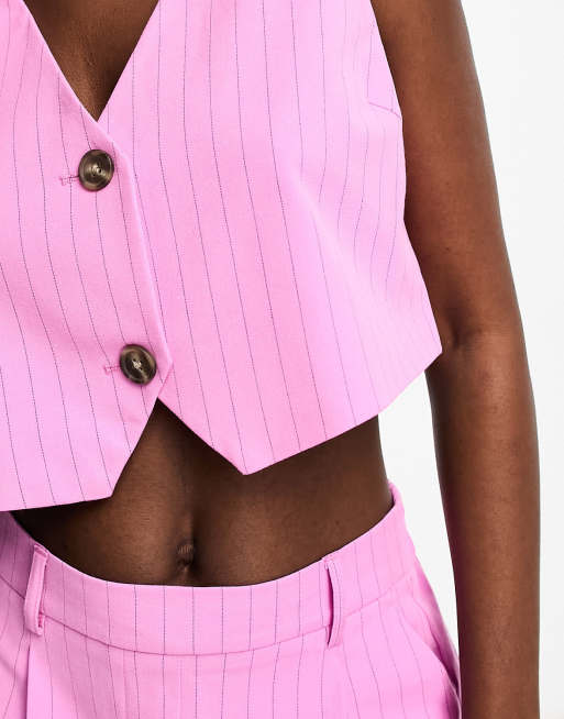Vero Moda - Net cropped gilet met krijtstreep in roze, deel van co-ord set, 3 van 4