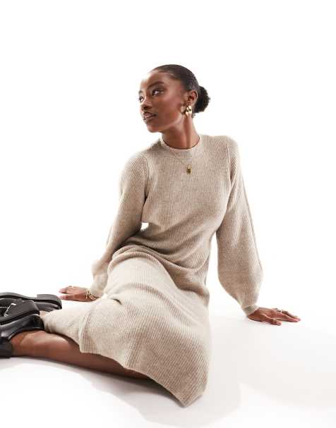 Vero Moda Ngalina ribbed crew neck long sleeve relaxed fit maxi dress in beige - view 1
