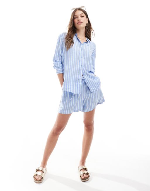 Vero Moda – Niebieska koszula oversize z mieszanki lnu w paski, część zestawu, 4 z 5