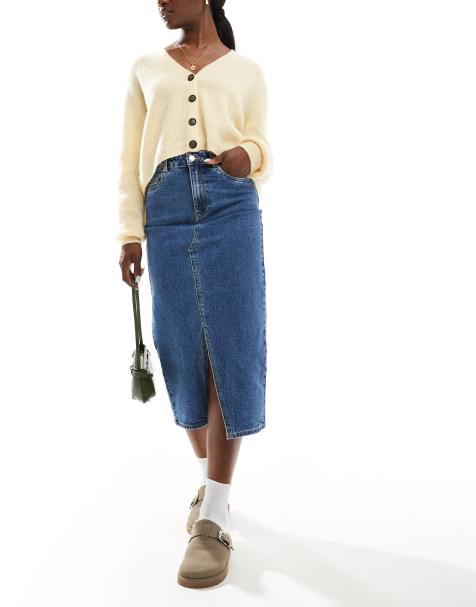 Vero Moda denim midaxi skirt with front split in medium blue denim