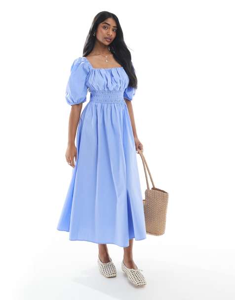 Vero Moda – Niebieska sukienka midi w stylu babydoll z bufkami - view 1