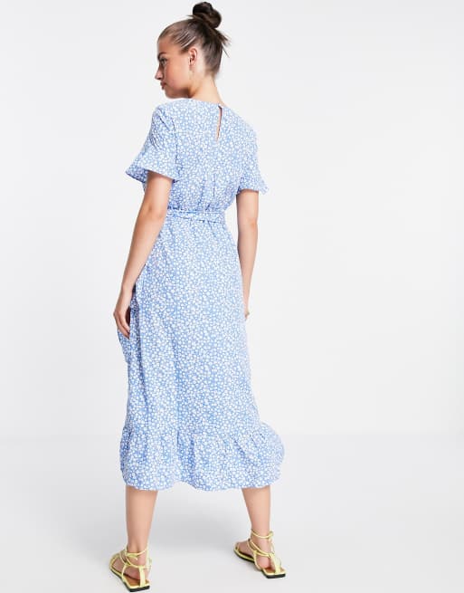Vero Moda – Niebieska sukienka midi z falbankami i wzorem w kropki, 4 z 4