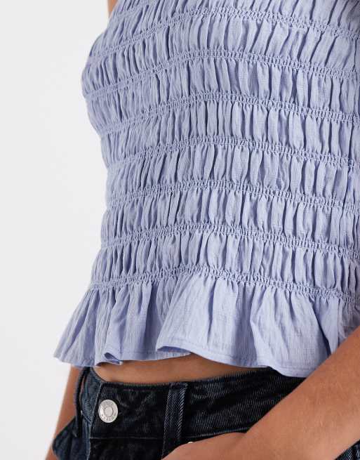 Vero Moda – Niebieski marszczony top bez rękawów z falbanką u dołu, 3 z 4