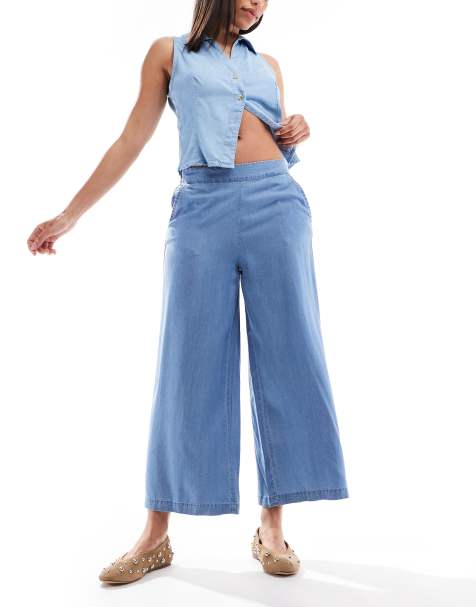 Vero Moda culotte trousers in medium blue chambray