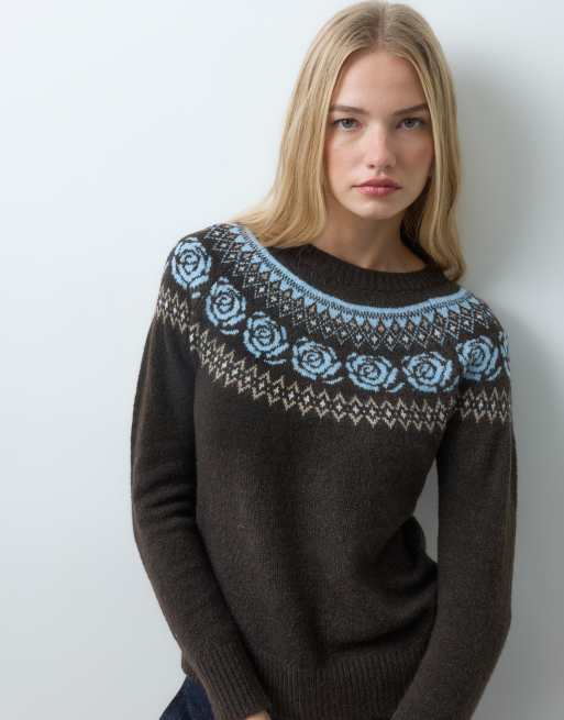 Vero Moda nordic-style stickad tröja i chokladbrun och ljusblå, 2 av 4