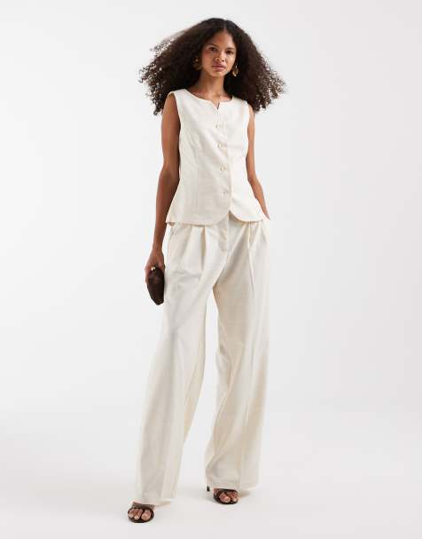 Vero Moda notch neckline detail tailored waistcoat and pleat front wide leg pants set in cream - view 1