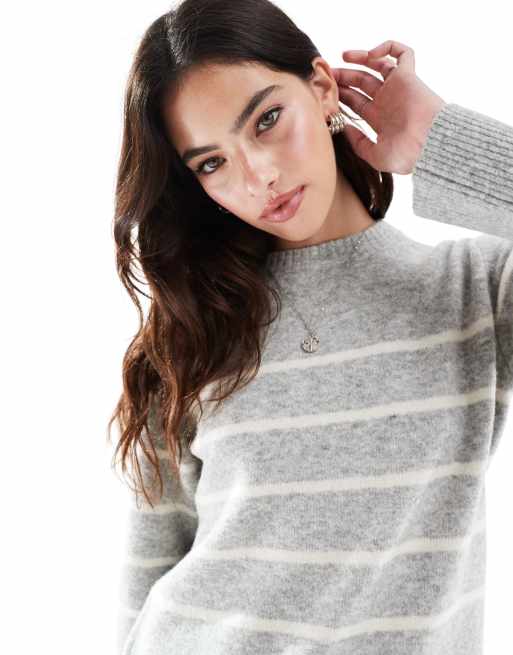 Vero Moda o neck jumper in cream with grey stripe, 2 of 4