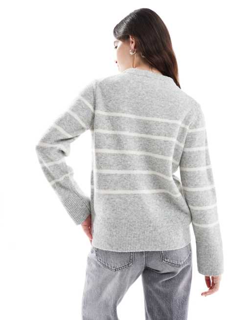 Vero Moda o neck jumper in cream with grey stripe, 4 of 4