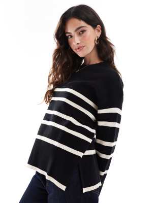 o neck sweater in black with cream stripe