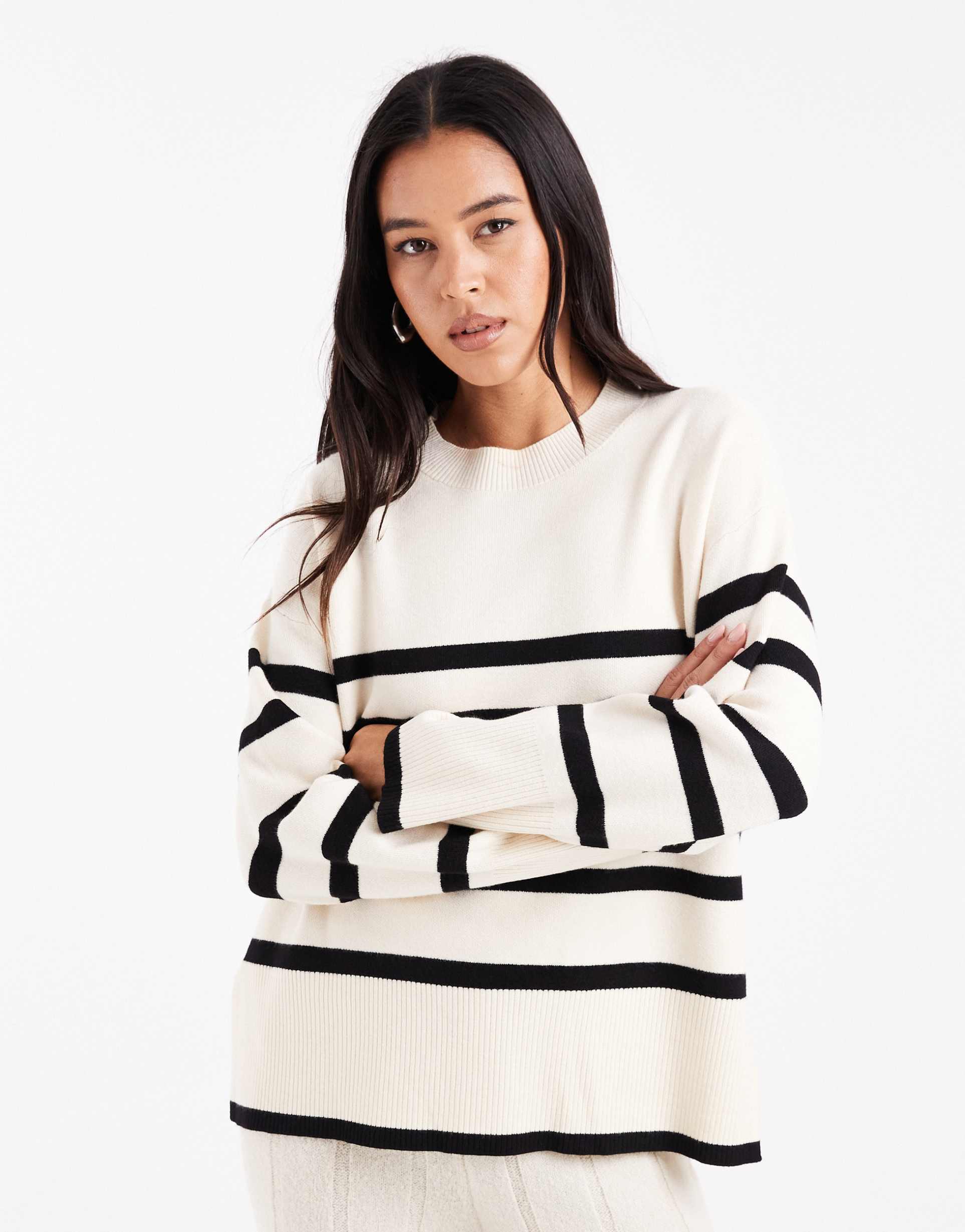 vero moda o-neck sweater in cream with black stripes
