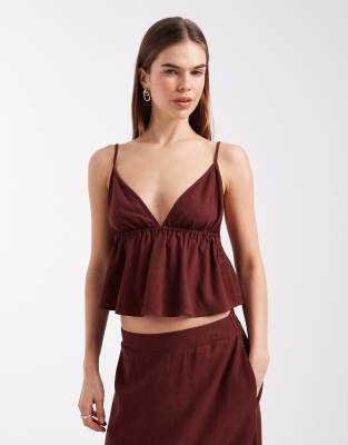 Vero Moda - Oberteil in Burgunderrot mit Leinen-Haptik und Camisole-Trägern, Kombiteil