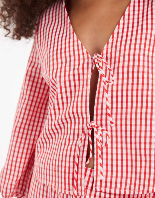 Vero Moda – Oberteil in Rot mit gebundener Vorderseite und Vichy-Karomuster, Kombiteil, 3 von 4
