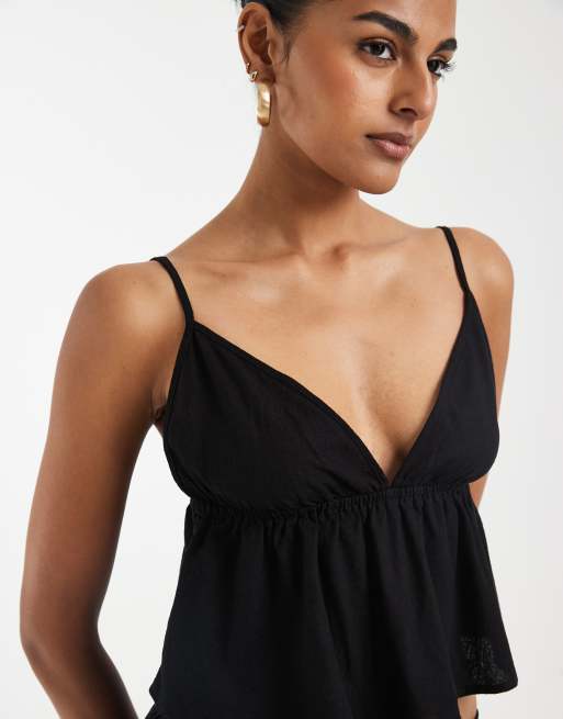 Vero Moda – Oberteil in Schwarz mit Leinen-Haptik und Camisole-Trägern, Kombiteil, 2 von 4