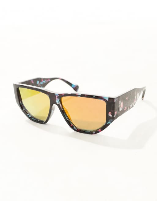 Vero Moda - Occhiali da sole oversize angolati marrone tartaruga con lenti specchiate tramonto, 2 di 4