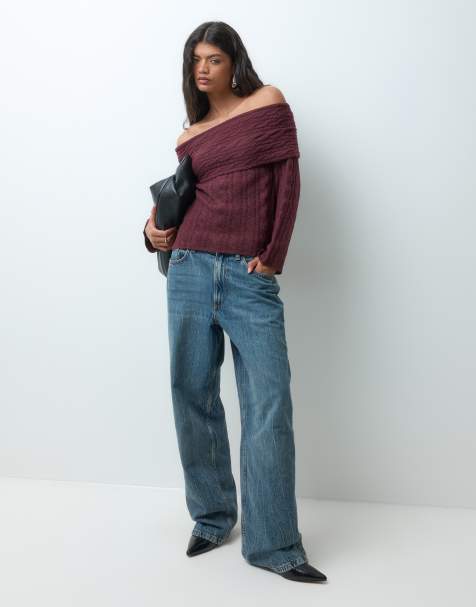 Vero Moda off shoulder cable knit jumper in burgundy - view 1