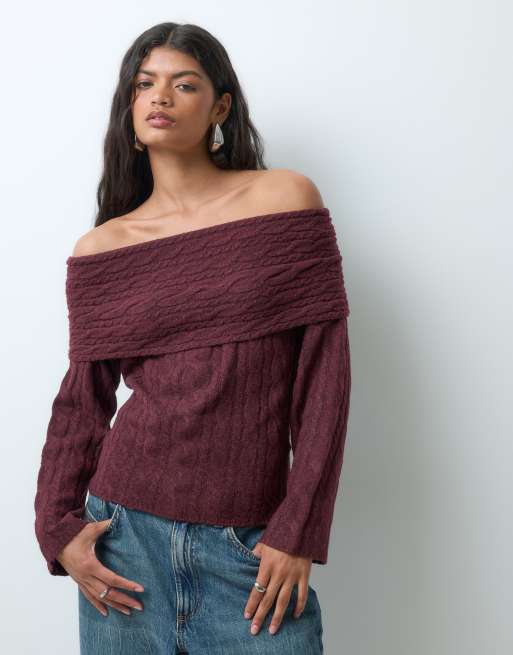 Vero Moda off shoulder cable knit jumper in burgundy, 2 of 5