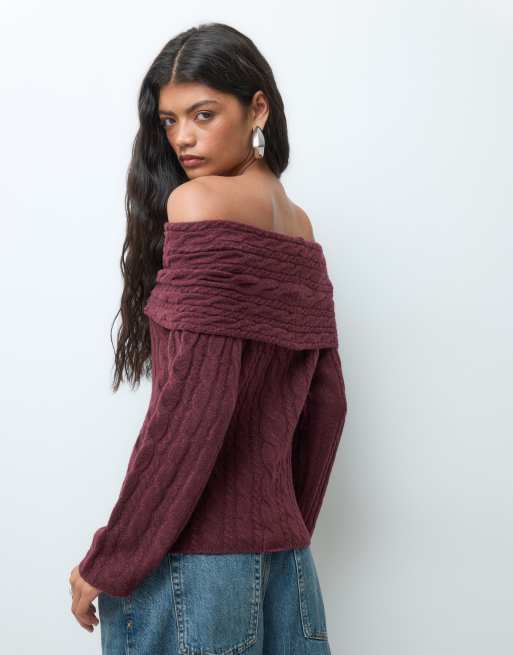 Vero Moda off shoulder cable knit jumper in burgundy, 5 of 5