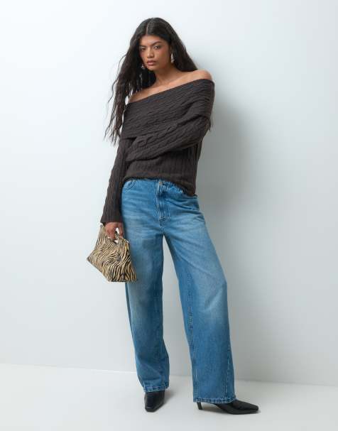 Vero Moda off shoulder cable knit jumper in chocolate brown - view 1