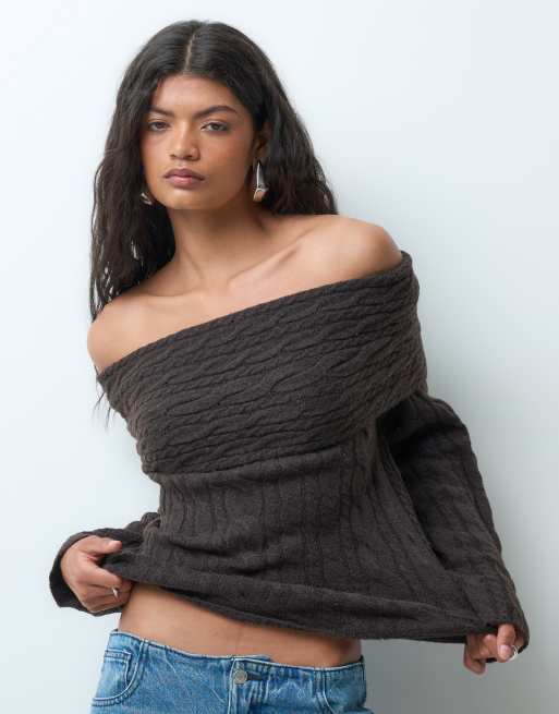 Vero Moda off shoulder cable knit sweater in chocolate brown, 2 of 5