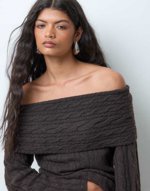 Vero Moda off shoulder cable knit sweater in chocolate brown, 3 of 5