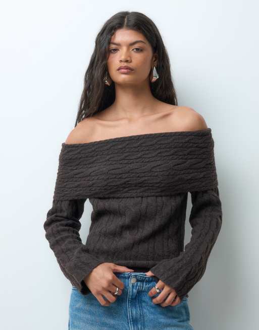 Vero Moda off shoulder cable knit sweater in chocolate brown, 4 of 5