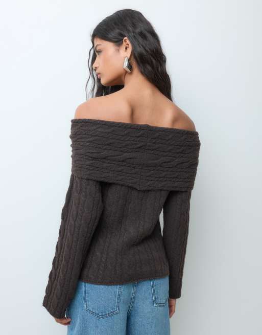 Vero Moda off shoulder cable knit sweater in chocolate brown, 5 of 5