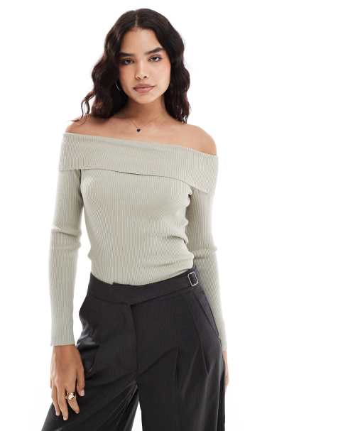 Vero Moda off shoulder knitted top in stone - view 1