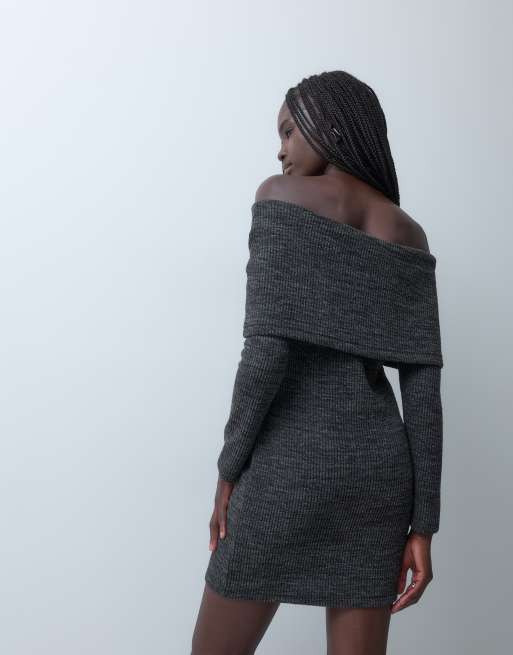 Vero Moda off shoulder long sleeve knitted mini dress in dark grey, 4 of 4