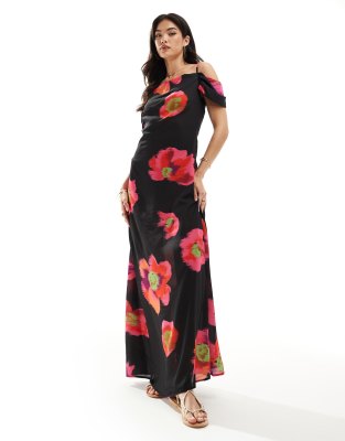 off shoulder maxi slip dress in black and red floral