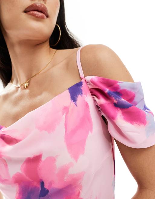 Vero Moda Off Shoulder Maxi Slip Dress in Pink Floral