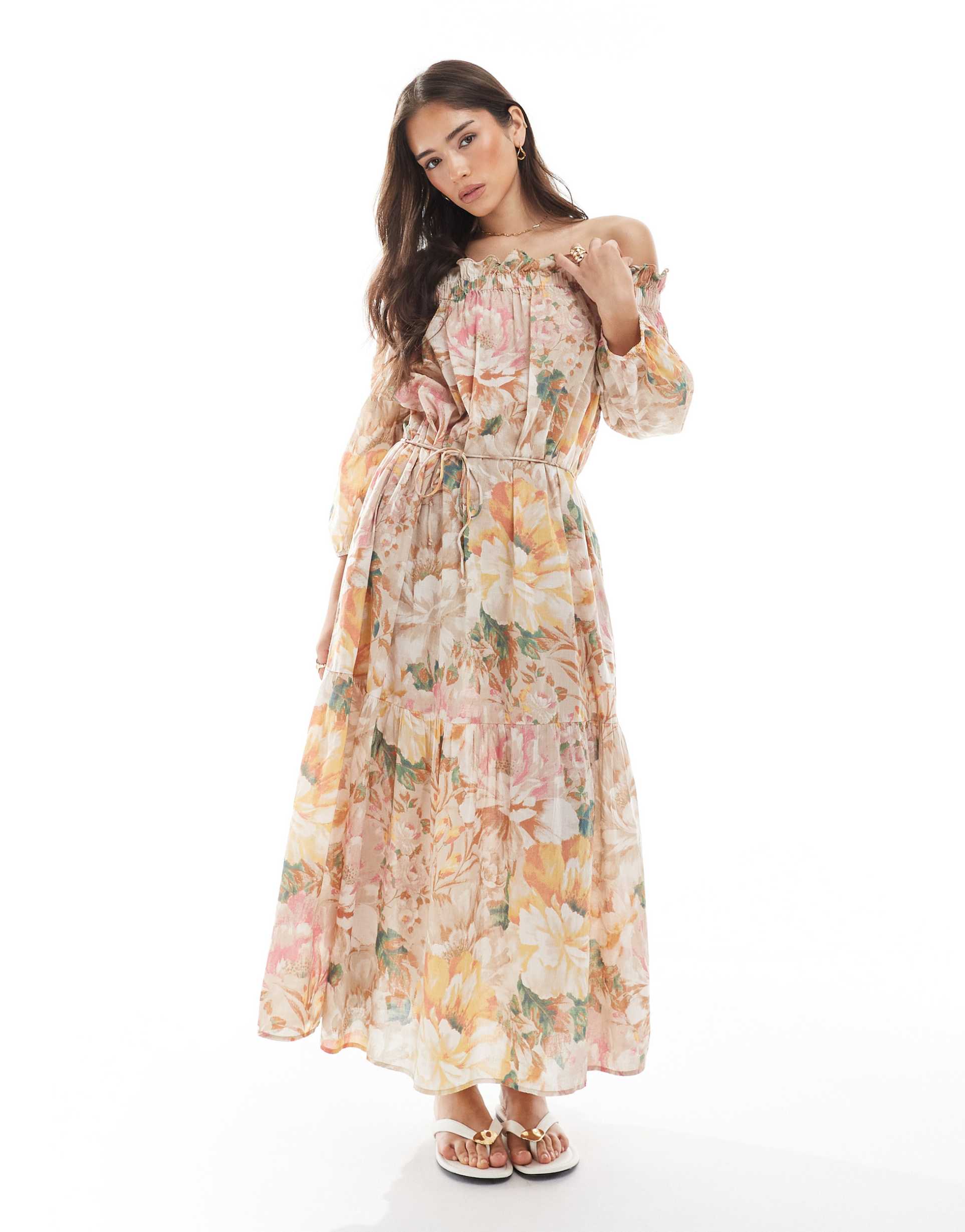 vero moda off the shoulder tiered maxi dress in peony floral print