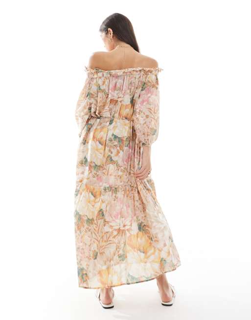 Vero Moda off the shoulder tiered maxi dress in peony floral print, 3 of 4