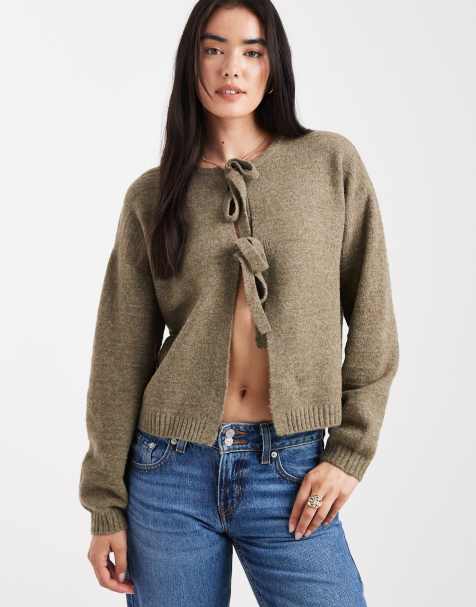 Vero Moda – Olivgrön, strukturstickad kofta med knytning framtill - view 1